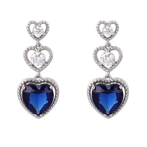 3-Hearts Luxury Earrings (Blue) - Platinum Plated - Picture 3 of 3
